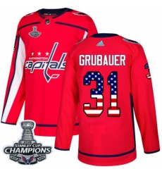 Men's Adidas Washington Capitals #31 Philipp Grubauer Authentic Red USA Flag Fashion 2018 Stanley Cup Final Champions NHL Jersey