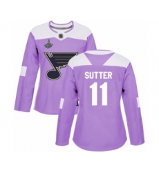 Women's St. Louis Blues #11 Brian Sutter Authentic Purple Fights Cancer Practice 2019 Stanley Cup Champions Hockey Jersey