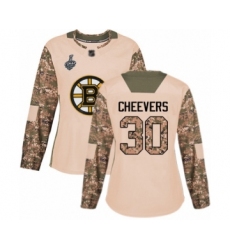 Women's Boston Bruins #30 Gerry Cheevers Authentic Camo Veterans Day Practice 2019 Stanley Cup Final Bound Hockey Jersey