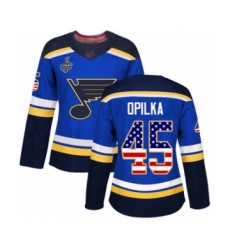 Women's St. Louis Blues #45 Luke Opilka Authentic Blue USA Flag Fashion 2019 Stanley Cup Final Bound Hockey Jersey