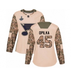 Women's St. Louis Blues #45 Luke Opilka Authentic Camo Veterans Day Practice 2019 Stanley Cup Champions Hockey Jersey