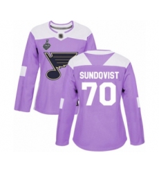 Women's St. Louis Blues #70 Oskar Sundqvist Authentic Purple Fights Cancer Practice 2019 Stanley Cup Final Bound Hockey Jersey