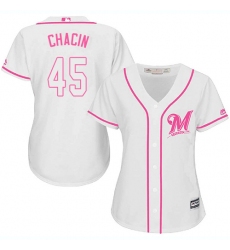 Women's Majestic Milwaukee Brewers #45 Jhoulys Chacin Authentic White Fashion Cool Base MLB Jersey