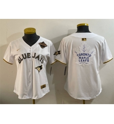 Women's Toronto Blue Jays & Leafs White Gold 2025 American League Champions With White Leafs Logo Limited Stitched Baseball Jersey(Run Small)