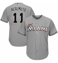 Youth Majestic Miami Marlins #11 J. T. Realmuto Authentic Grey Road Cool Base MLB Jersey