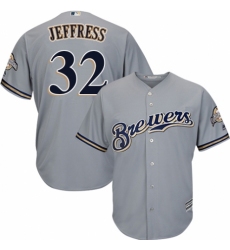 Youth Majestic Milwaukee Brewers #32 Jeremy Jeffress Authentic Grey Road Cool Base MLB Jersey