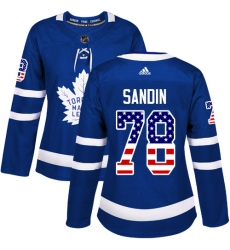 Women's Adidas Toronto Maple Leafs #78 Rasmus Sandin Authentic Royal Blue USA Flag Fashion NHL Jersey