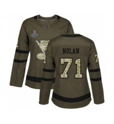 Women's St. Louis Blues #71 Jordan Nolan Authentic Green Salute to Service 2019 Stanley Cup Champions Hockey Jersey