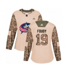 Women's Adidas Columbus Blue Jackets #19 Liam Foudy Authentic Camo Veterans Day Practice NHL Jersey
