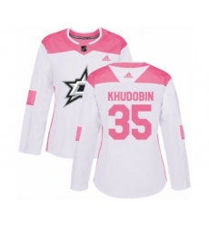 Women's Adidas Dallas Stars #35 Anton Khudobin Authentic White Pink Fashion NHL Jersey
