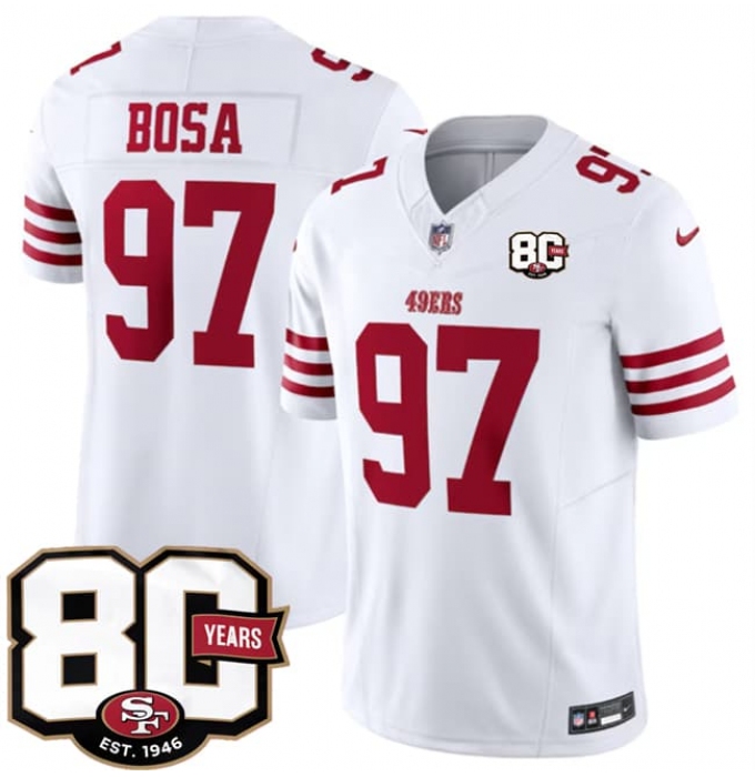 Men's San Francisco 49ers #97 Nick Bosa White 80th Anniversary 2026 F.U.S.E. Vapor Untouchable Limited Football Stitched Jersey