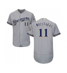 Men's Milwaukee Brewers #11 Mike Moustakas Grey Road Flex Base Authentic Collection Baseball Jersey