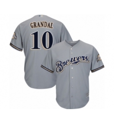 Men's Milwaukee Brewers #10 Yasmani Grandal Replica Grey Road Cool Base Baseball Jersey