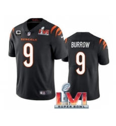 Men's Cincinnati Bengals #9 Joe Burrow 2022 Black With C Patch Super Bowl LVI Vapor Limited Stitched Jersey