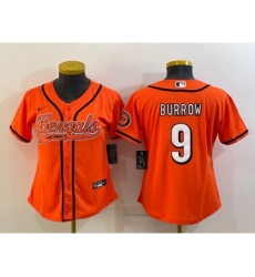 Women's Cincinnati Bengals #9 Joe Burrow Orange With Patch Cool Base Stitched Baseball Jersey