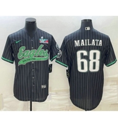 Men's Philadelphia Eagles #68 Jordan Mailata Black Pinstripe With Super Bowl LVII Patch Cool Base Stitched Baseball Jersey