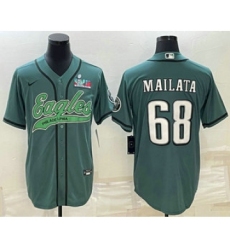 Men's Philadelphia Eagles #68 Jordan Mailata Green With Super Bowl LVII Patch Cool Base Stitched Baseball Jersey