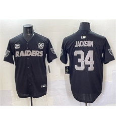 Men's Las Vegas Raiders #34 Bo Jackson Black With Nevada Silver Stat And 65th Anniversary 3-Star C Stitched Baseball Jersey