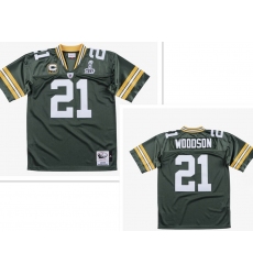 Men's Green Bay Packers #21 Charles Woodson Green With 2-star captains' and Super Bowl XLV 2010 Throwback Jersey