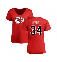Football Women's Kansas City Chiefs #34 Carlos Hyde Red Name & Number Logo Slim Fit T-Shirt