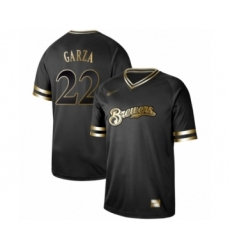 Men's Milwaukee Brewers #22 Matt Garza Authentic Black Gold Fashion Baseball Jersey
