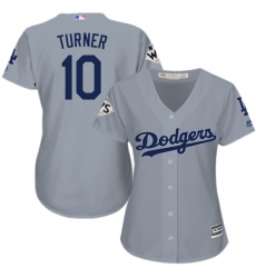 Women's Majestic Los Angeles Dodgers #10 Justin Turner Replica Grey Road 2017 World Series Bound Cool Base MLB Jersey