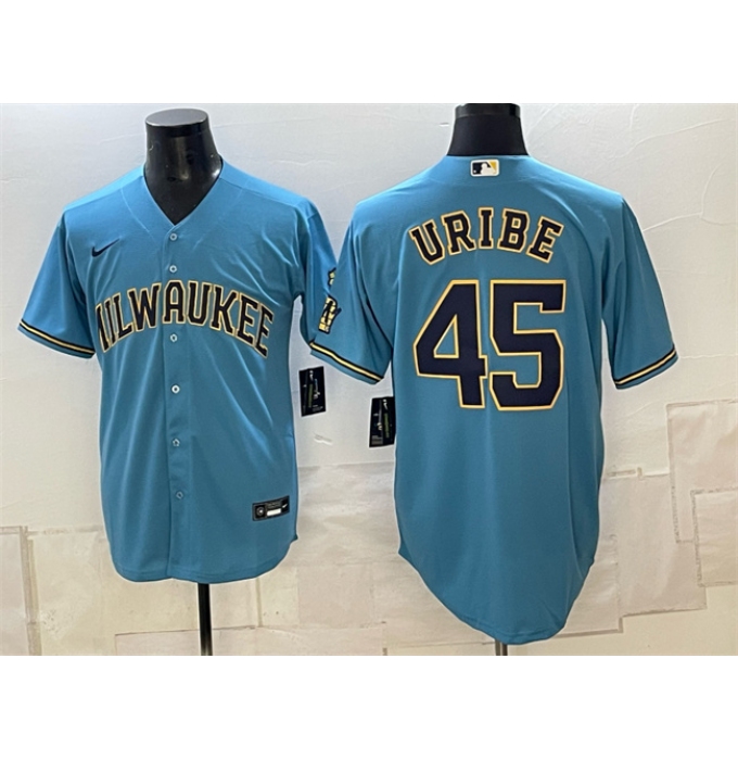 Men's Milwaukee Brewers #45 Abner Uribe Blue Stitched Baseball Jersey
