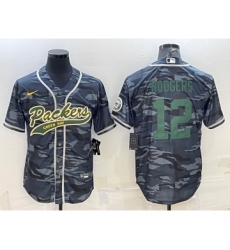 Men's Green Bay Packers #12 Aaron Rodgers Grey Green Camo With Patch Cool Base Stitched Baseball Jersey